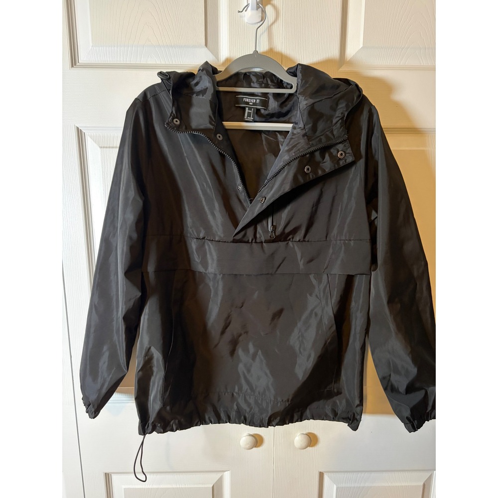 Forever 21 Men‎ Black Anorak Windbreaker Jacket Hooded Half Zip Small